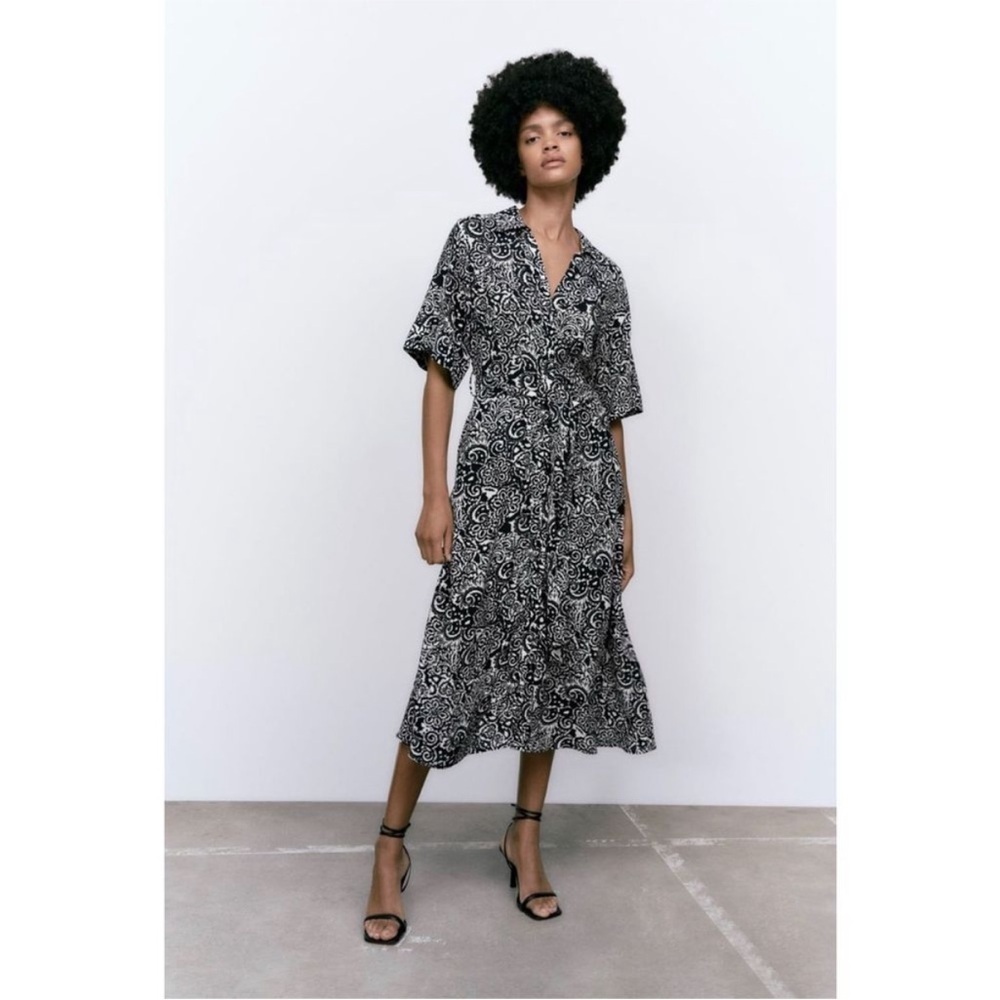 Zara Black White Printed Button Down Shirt Midi Dress V-Neck Lapel Collar Large